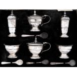 A George V silver six piece condiment set, pepperette 72mm h, by C S Green & Co Ltd, Birmingham