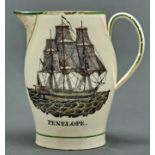 A creamware jug, Liverpool printed, c1780-1800, with a ship and inscribed Penelope by hand and, on