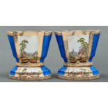 A pair of German porcelain bulb pots and bases after a Sevres vase hollandois, c1900, painted with