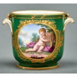 A Sevres green ground seau a verre, the porcelain 18th c, the decoration later, painted to either