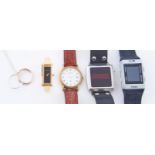 A Gucci gold plated fashion watch, three gentleman's wristwatches and a silver necklet (5) Gucci