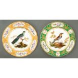 Two Paris ornithological-decorated porcelain plates, Feuillet, c1835, with scrolling gilt cavetto,