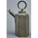 A Swiss pewter wine can, Prismekanne, dated 1743, of hexagonal shape, the cover with ring handle,