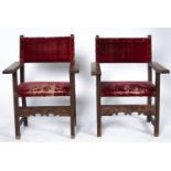 Six Spanish and North Italian walnut armchairs, late 17th c and later, with padded crimson velvet or