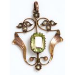 A green paste, split pearl and gold openwork pendant, marked 9ct, 2.1g
