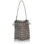 A silver coloured chainmail drawstring evening bag, early 20th c, chain handle, 5ozs Good condition