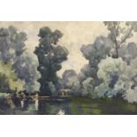 H R Williams - The Lake, signed and indistinctly dated, watercolour, 35.5 x 53cm Good condition