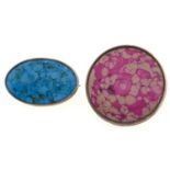 Two Ruskin type pottery set clip earrings, with silver rim