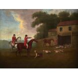 British Equestrian School, 19th c - Fox Hunters releasing the Pack, oil on canvas, 26 x 34.5cm