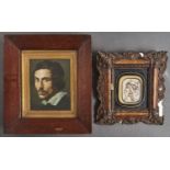 A Victorian oak miniature frame and another of stained composition,  each containing a print Some