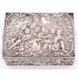 A German silver box, with high relief embossed decoration of 18th c music makers and musical