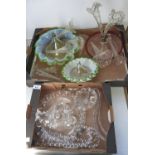 The bases of four Victorian green and semi opalescent or cranberry glass flower stands and