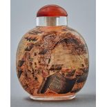 A Chinese interior painted glass snuff bottle, 20th c, painted to either side with a busy scene of