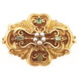 A Victorian emerald and split pearl brooch, in gold, locket back, 16.3g