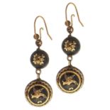 A pair of Victorian pique earrings, c1870, 39mm excluding wire loop One with loss to inlay around
