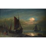 English School, 19th century Three Fisherman around a Brazier on the Coast at Night, with