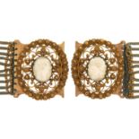 A pair of Victorian cameo, pinchbeck and knitted light blue wool bracelets, c1850, each slide set