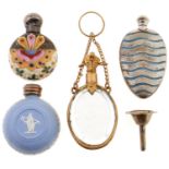 A Palais Royale oval giltmetal and mirror glass double sided scent flask, c1890, chain handle and