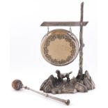 A Victorian signpost novelty EPNS dinner gong, c1880, the rustic post with finger pointing 'This