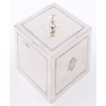 An Edward VII bright cut silver cube tea caddy, with ball finial, 11cm h, by W Hutton & Sons