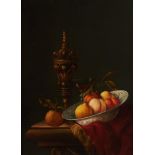 20th c School - Still Life with Fruit, a Silver Gilt Cup and Wanli Bowl on a Ledge, signed V R