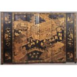 A Chinese gilt and black export lacquer six leaf screen, early 19th c, decorated with a palace