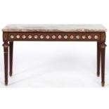 A Louis XV style giltmetal mounted walnut coffee table, with polished marble top, 50cm h; 90 x
