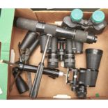 A quantity of binoculars and telescopes, including Tasco model No. 1017X/15X35 and others similar