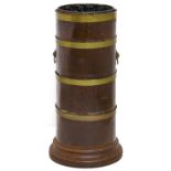 A brass bound cylindrical mahogany stick stand, early 20th c, detachable painted zinc liner, 61cm