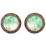 A pair of South East Asian gilt silver coloured metal and carved jadeite ear clips, 15.8g