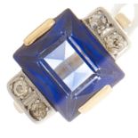 A diamond and synthetic sapphire ring, in gold marked 585, 6.3g, size P