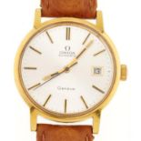 An Omega gold plated self-winding gentleman's wristwatch, with date, tan leather strap with maker'