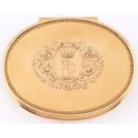 A George II oval gold snuff box, c1720, the lid engraved with crest and coronet of an earl and scaly