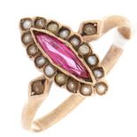 A synthetic ruby and split pearl marquise ring, in gold, 12.7g, size O