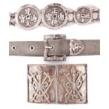 A Chinese silver cash-form belt and clasp, c1900, 70cm l, a South East Asian silver mesh belt and