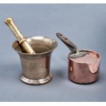 A Victorian copper saucepan and lid, a Victorian brass bottle jack and a lead bronze mortar and
