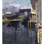 Russian School, 20th c - Boats Moored by a Jetty, oil on board, 46 x 43cm Good condition