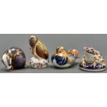 Four Royal Crown Derby paperweights, comprising Frog, Badger, Kingfisher and Mandarin Duck,