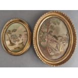 Two Regency oval silk embroidered pictures of a shepherdess and a woman seated at an altar,  both