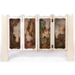 A decorative landscape painted cream ground wood folding screen adapted and extended to form a