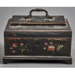 A George III painted wood tea chest, late 18th c, with flower sprays in gilt borders on a black