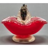 A Venetian red and black glass bowl, mid 20th c, the handles on the pinched rim in the form of a