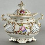 A Coalport sugar box and cover, c1830, painted with roses and other flowers in gilt reserves, 15.5cm