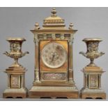 A French brass garniture de cheminee, c1880, gong striking movement, pendulum, clock 47cm h Polish