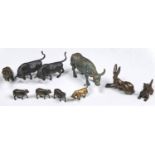 Nine various miniature bronze and brass sculptures of animals, 20th c,  largest 13cm l Good