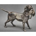 A silvered metal sculpture of a gun dog, 20th c, 14.5cm h Good condition