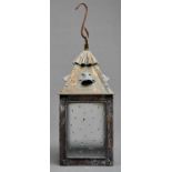 An oxidised brass vestibule lantern, 20th c, with frosted lights, 32cm h Complete and undamaged