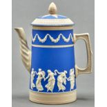 A Copeland cylindrical blue banded earthenware teapot and cover, c1890, sprigged with the Dancing