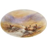 An English porcelain oval plaque painted by Milwyn Holloway (1940-2020) with sheep by a Highland