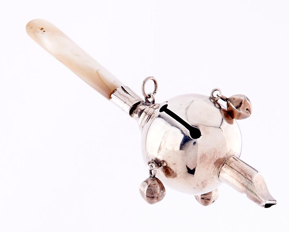 A silver baby's rattle-whistle mother of pearl teether, 13.5cm l, marks rubbed Minor dents and wear,